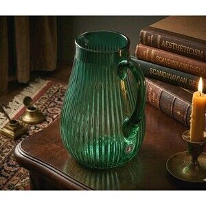 IKEA SALLSKAPLIG 9.5" Green Glass Pitcher Ribbed Fluted 68oz Discontinued MCM